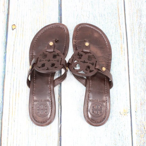 *Tory Burch Miller Brown Leather Logo Medallion Flip Flop Thong Sandals 8.5 Inch - Picture 6 of 9